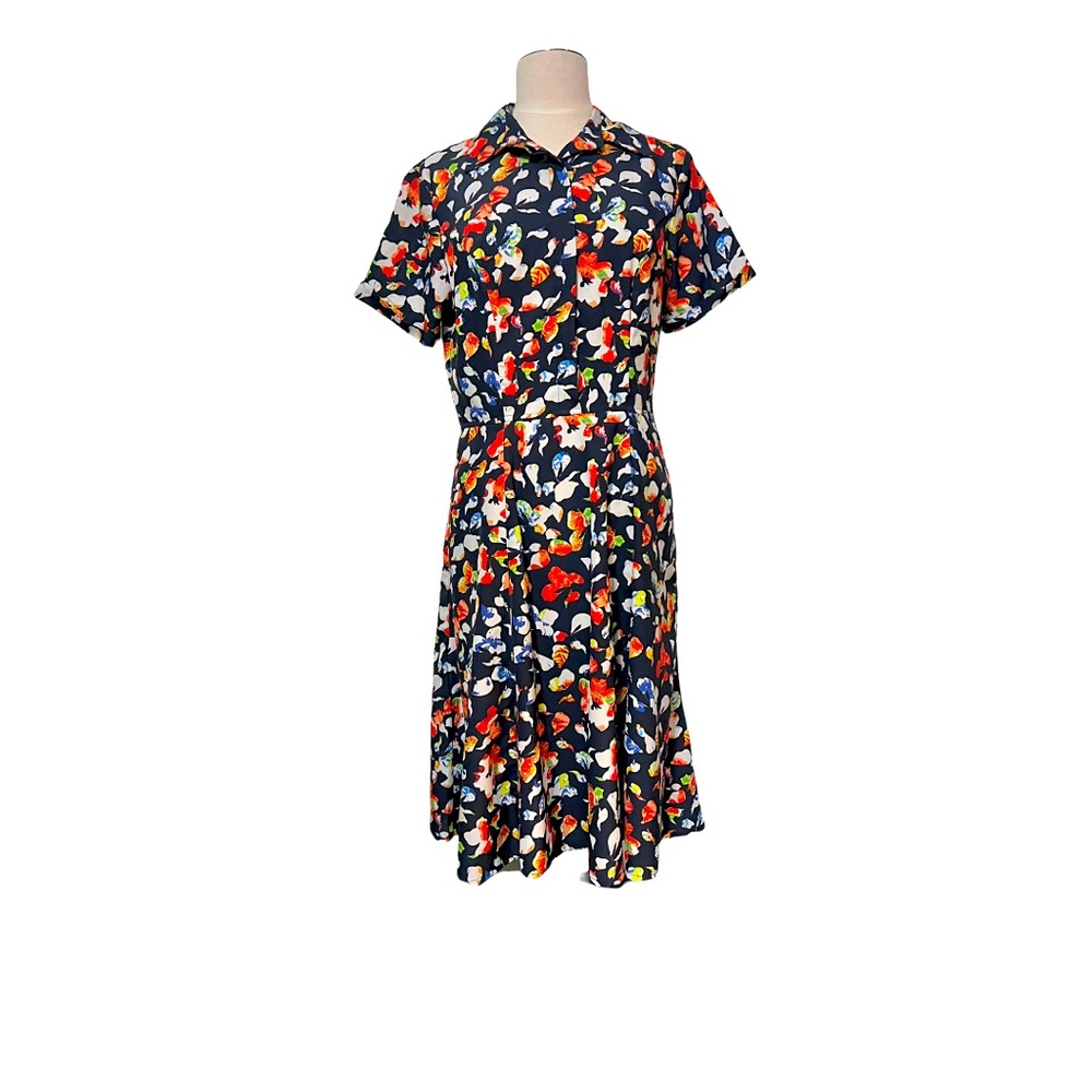 Eshakti Dark Navy Blue Flower Brush Strokes print Dress with pockets. size 8